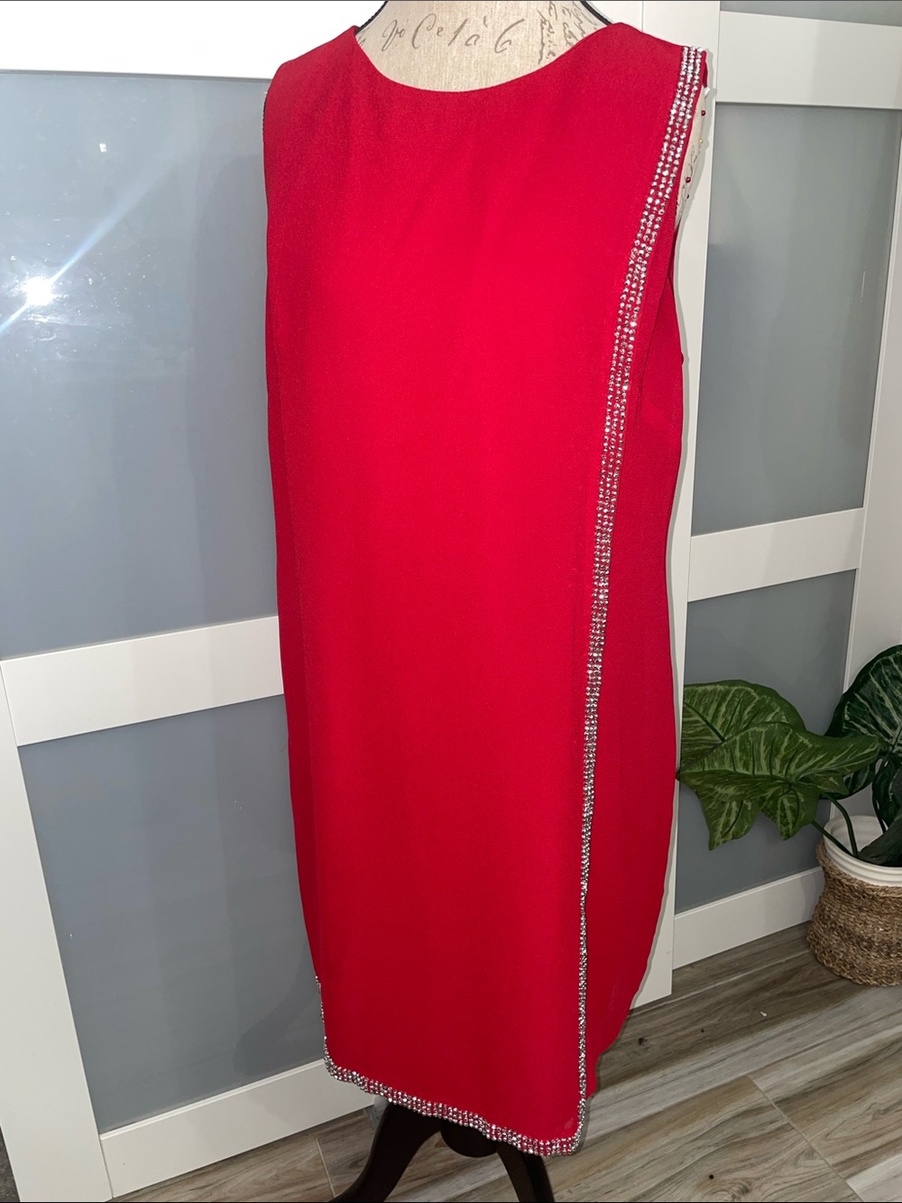 SLNY Red Sleeveless Midi Dress with Jeweled Trim